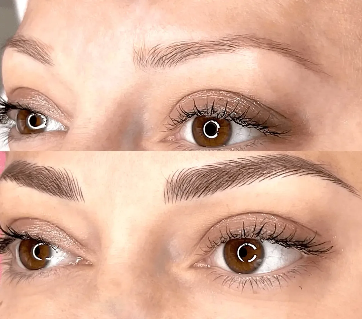 Eyebrow before and after: soft powder ombre brows replacing sparse natural growth