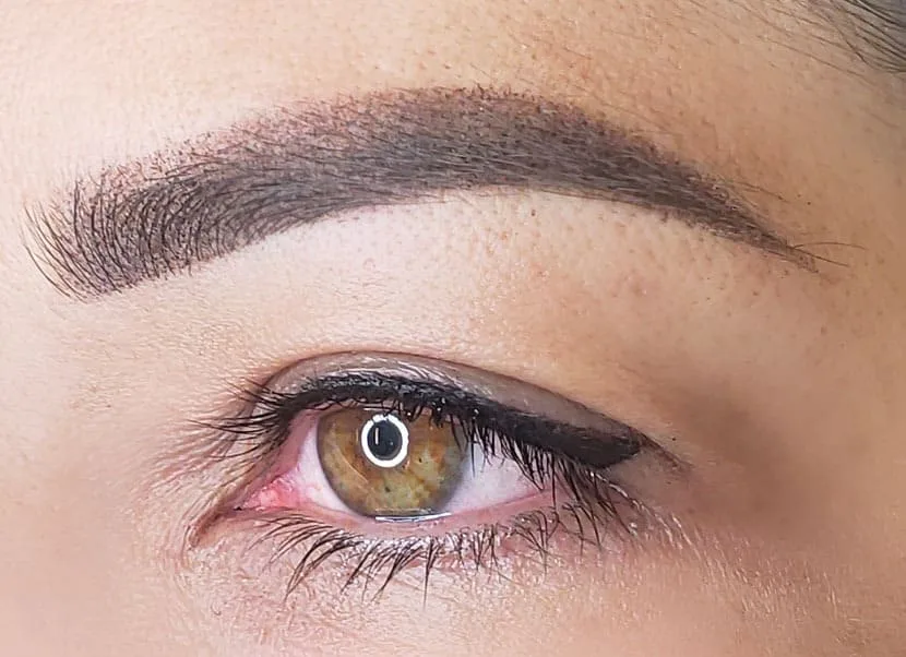 Winged eyeliner and defined ombre brow — eye-level detail