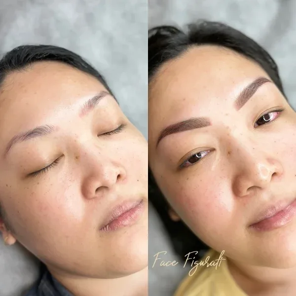 Ombre and powder brows before and after — full face, soft powdered finish