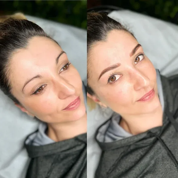 Brow transformation before and after — brunette client, defined full brow