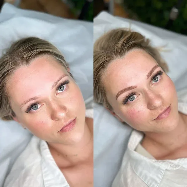 Natural-toned brow treatment on a blonde client — feathered, hair-stroke definition